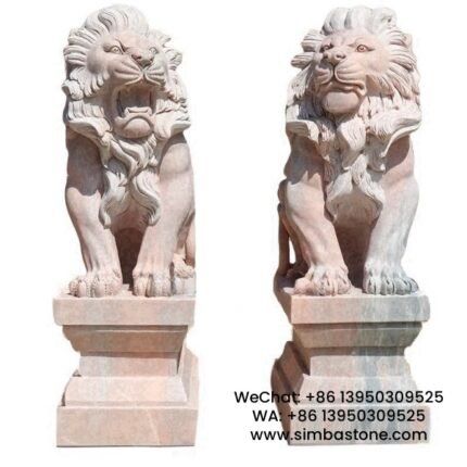 Garden Decorative Lion Statue Pair Of Roaring Stone Carving Natural Red Marble Stone