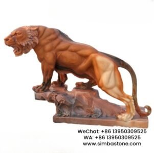 Garden Yard Ornament Life Size Carved Tiger Statue Natural Red Marble Stone