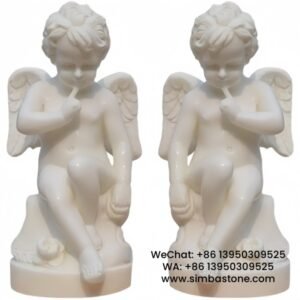 Hand Carved Small Sitting Cupid Little Angel Sculpture Natural White Marble Stone