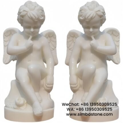 Hand Carved Small Sitting Cupid Little Angel Sculpture Natural White Marble Stone