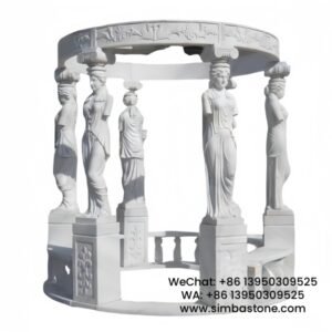 Outdoor Decorative Gazebo With Lady Statues Natural White Marble Stone
