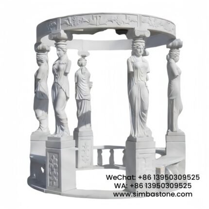 Outdoor Decorative Gazebo With Lady Statues Natural White Marble Stone