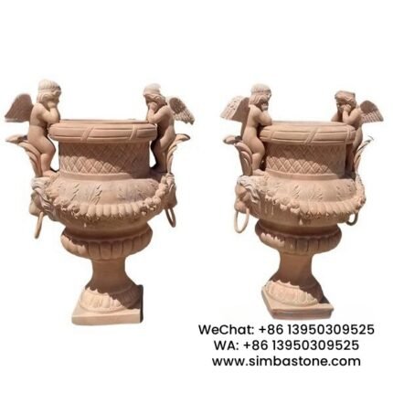 Pair Of Sunset Red Marble Flowerpot With Little Angel Statues Natural Red Marble Stone
