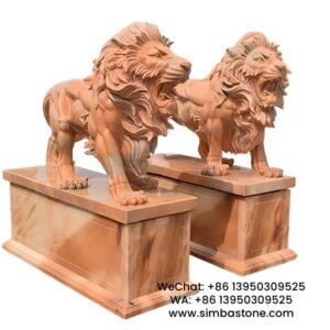 Pair of Roaring Lion Sculpture With Big Pedestal Stone Animal Statues Natural Marble Stone