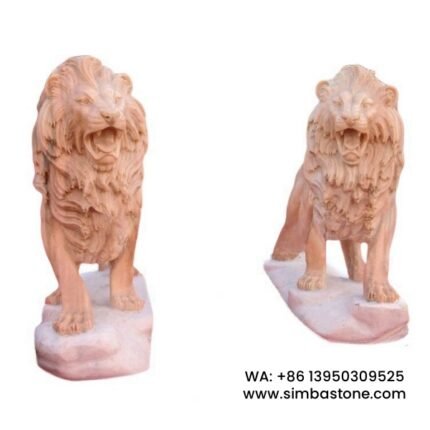 Roaring Walking Lion Sculptures Hand Carved Sunset Red Natural Red Marble Stone