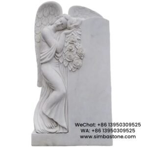 Stone Carved Cherub Tombstone Cemetery Decoration Natural White Marble Stone
