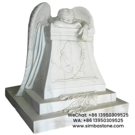 Weeping Sad Angel Statue with Flowers Gravestone Statues Natural White Marble Stone
